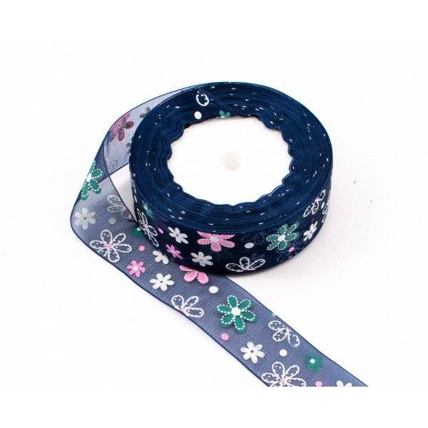 Panglica Organza Flori Colorate 2.5cm/22m