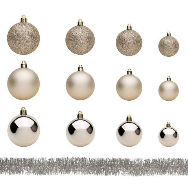 Set Globuri de Craciun bej Sampanie Mat Stralucitoare cu Glitter 4-6-8-10cm - 54buc