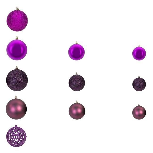Set Globuri de Craciun Mov Fucsia Mat Stralucitoare Glitter 3-4-6cm - 50buc