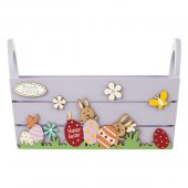Cos Decorativ de Paste din Lemn Lila Oua Flori Happy Easter 19x11x12cm