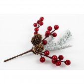 Decoratiune Craciun Crenguta Brad Alb,Bile Mari Rosii,2 Conuri 10/Set