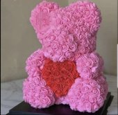 Urs 40 cm ROZ cu inima rosie in cutie cadou